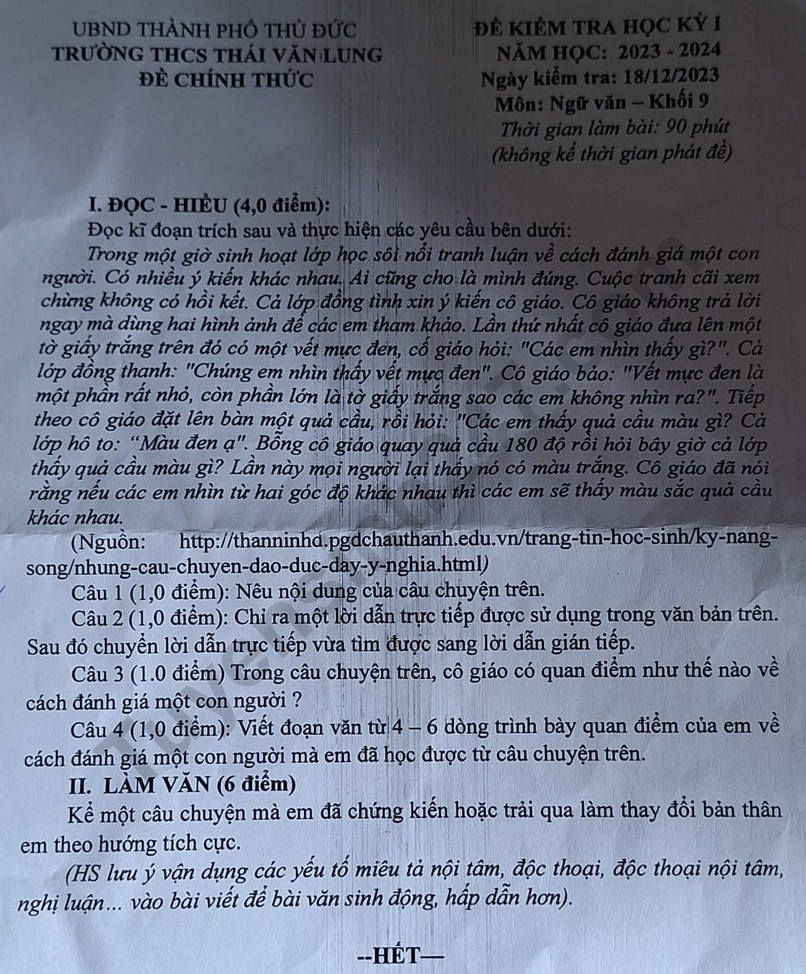 Đề thi kì 1 môn Văn lớp 9 năm 2023 - THCS Thái Văn Lung