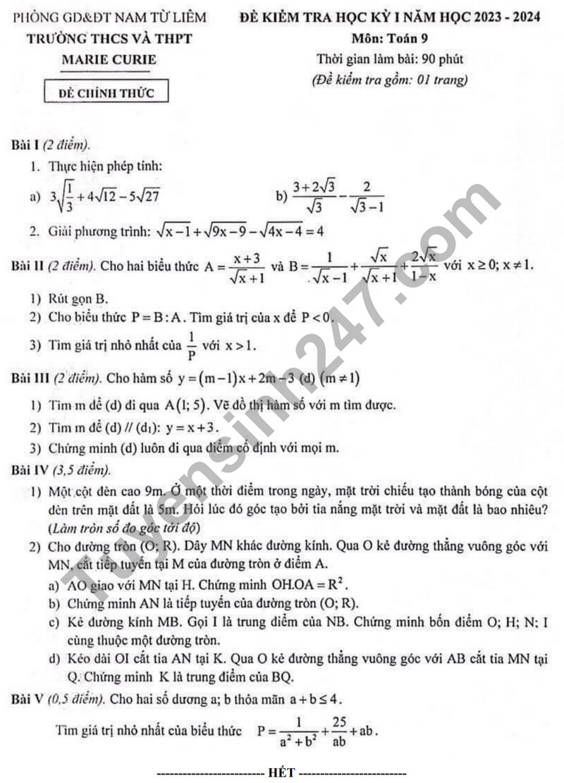 Đề kiểm tra kì 1 môn Toán lớp 9 năm 2023 - THCS&THPT Marie Curie