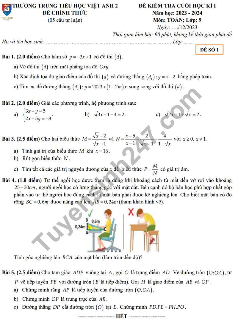 Đề kiểm tra kì 1 môn Toán lớp 9 năm 2023 - Trung TH Việt Anh 2 