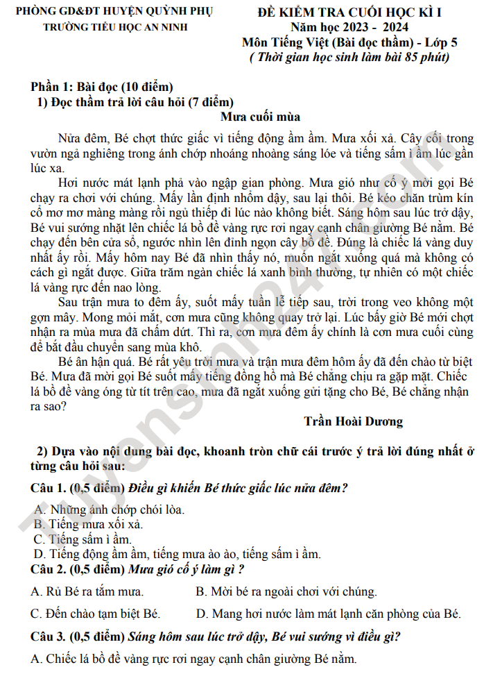 Đề thi kì 1 lớp 5 môn Tiếng Việt 2023 - TH An Ninh (Có đáp án)