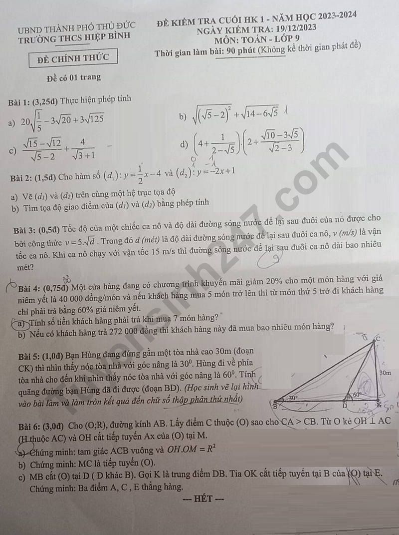 Đề thi kì 1 môn Toán lớp 9 - THCS Hiệp Bình 2023 