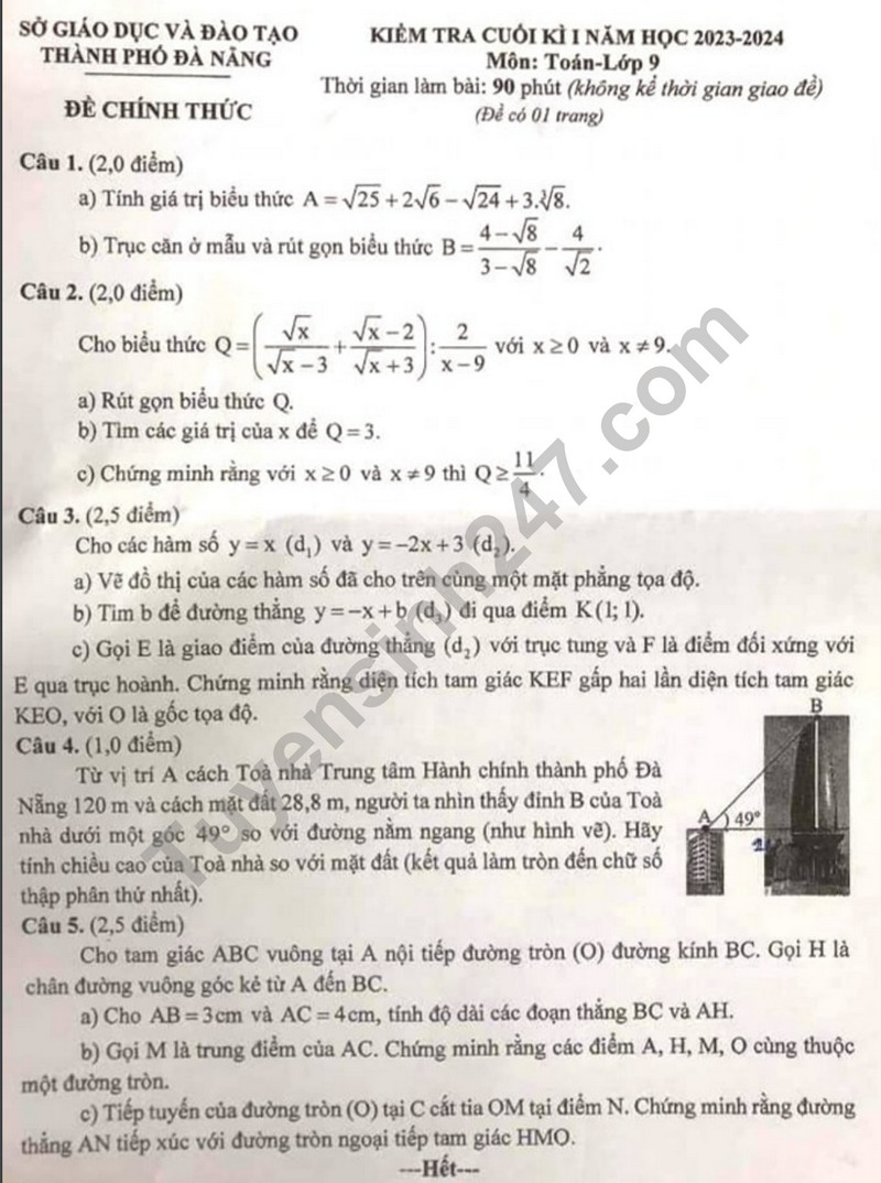 Đề thi kì 1 lớp 9 môn Toán - Sở GD Đà Nẵng 2023 (Có đáp án)