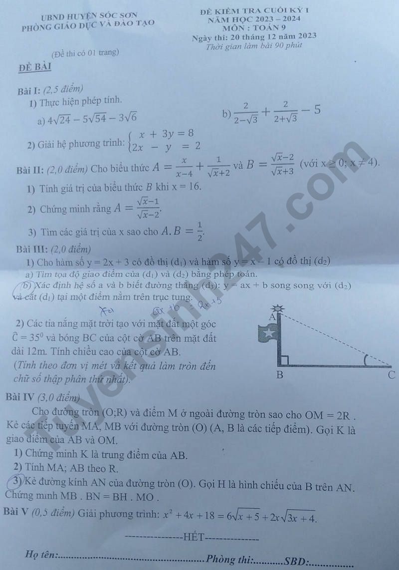 Đề thi cuối kì 1 môn Toán lớp 9 - Phòng GD Sóc Sơn 2023