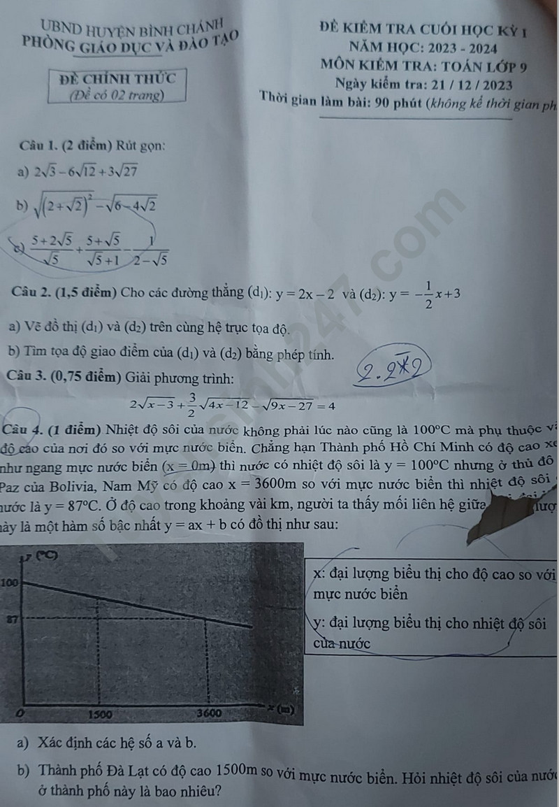 Đề thi cuối kì 1 môn Toán lớp 9 năm 2023 - Phòng GD Bình Chánh 