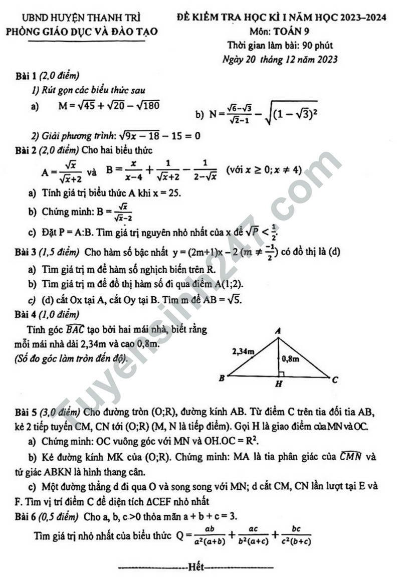 Đề thi HK1 môn Toán lớp 9 năm 2023 - Phòng GD huyện Thanh Trì