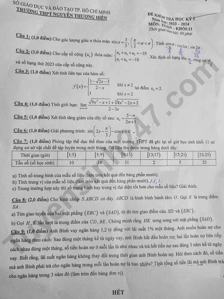Đề kiểm tra kì 1 lớp 11 môn Toán 2023 - THPT Nguyễn Thượng Hiền