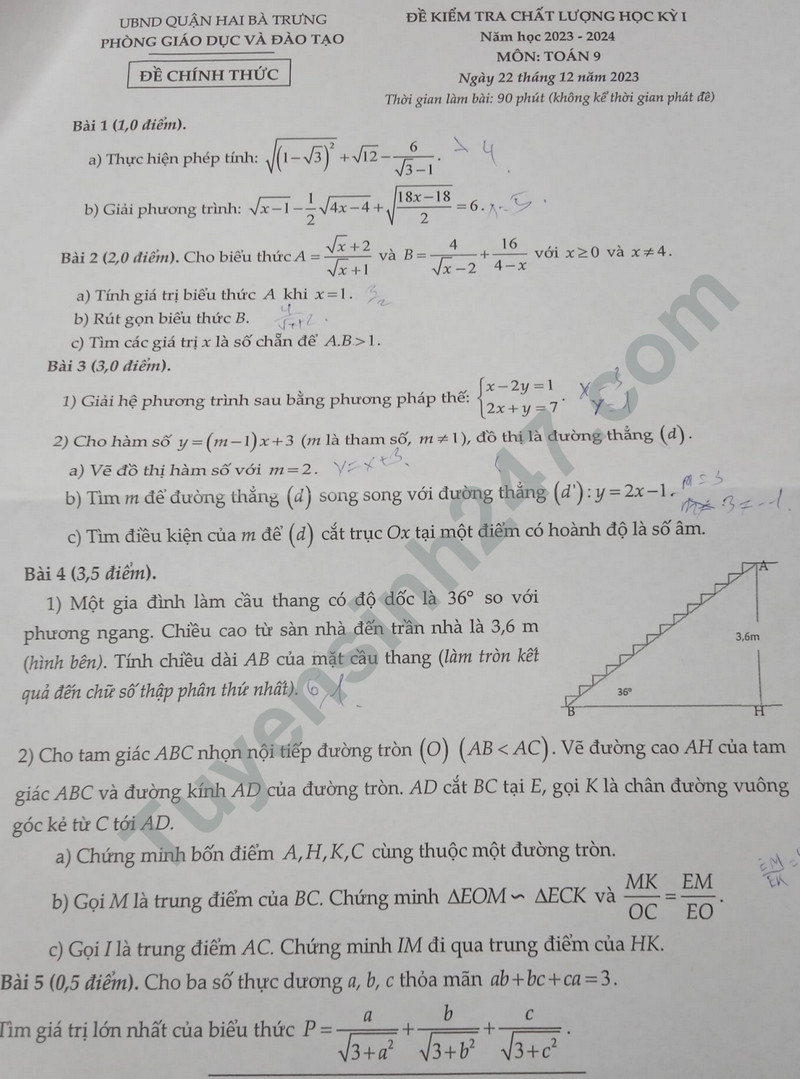 Đề thi kì 1 lớp 9 môn Toán - Phòng GD Hai Bà Trưng 2023