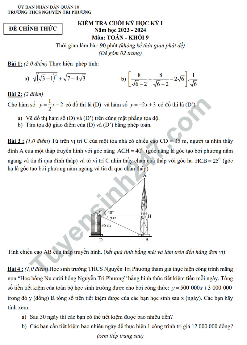 Đề thi kì 1 môn Toán lớp 9 - THCS Nguyễn Tri Phương 2023