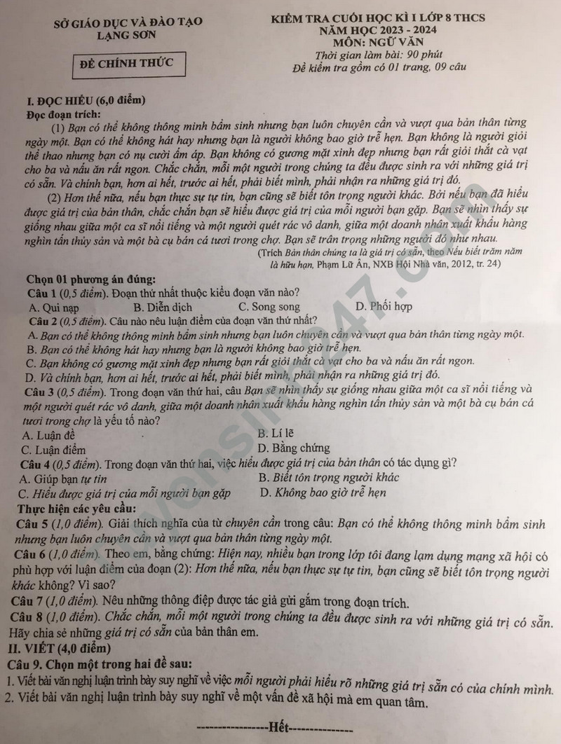 Đề thi cuối kì 1 môn Văn lớp 8 - Sở GD Lạng Sơn 2023