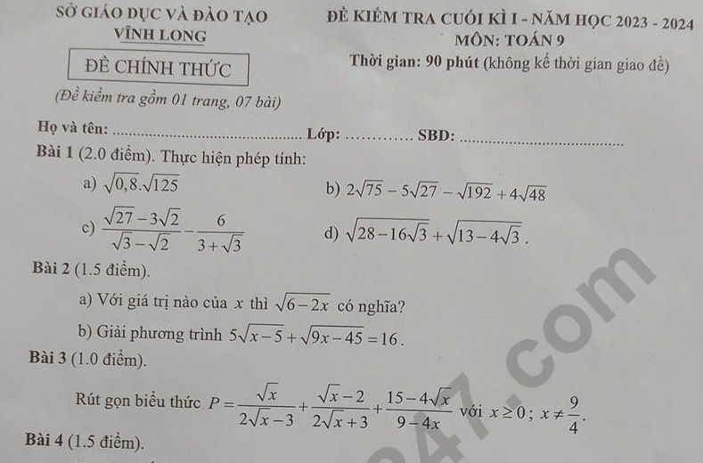 Đề thi kì 1 môn Toán lớp 9 - Sở GD Vĩnh Long 2023 (Có đáp án)