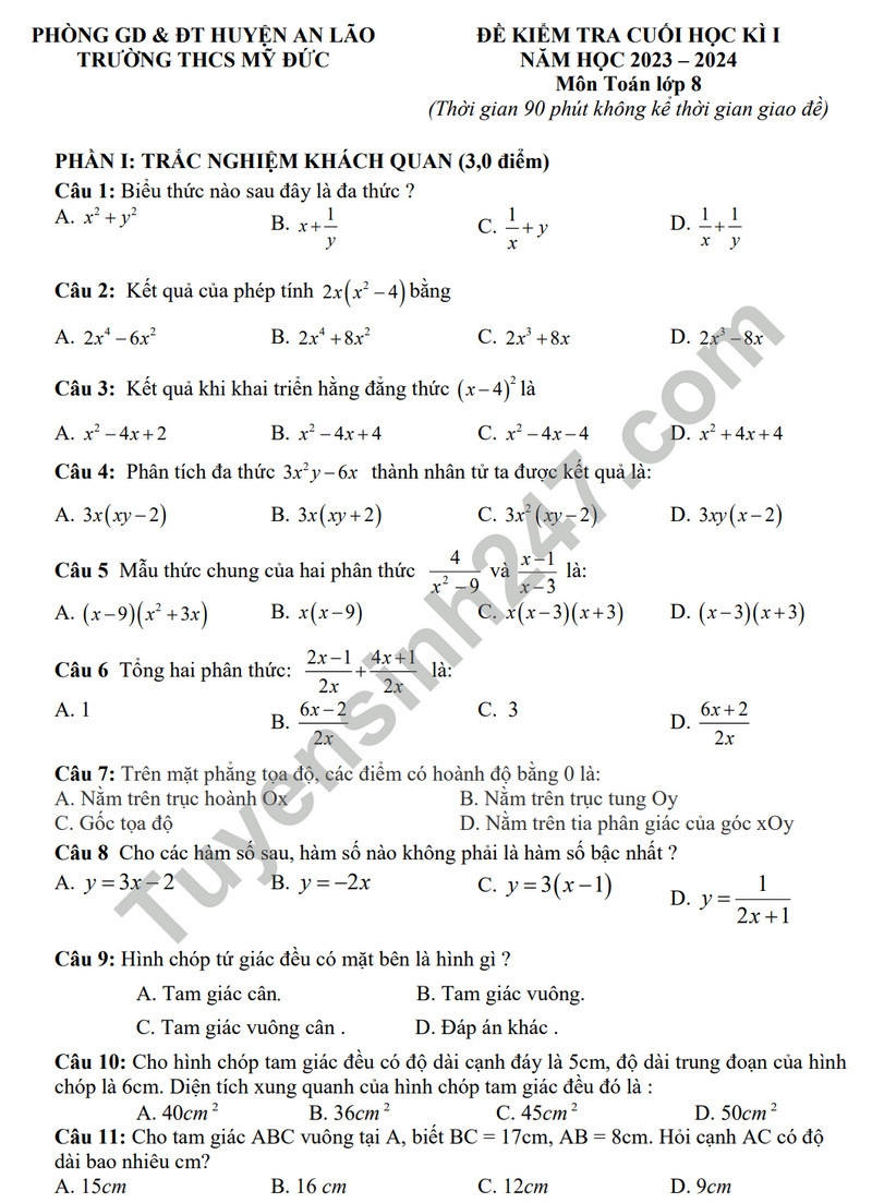 Đề thi cuối kì 1 môn Toán lớp 8 - THCS Mỹ Đức 2023 (Có đáp án)