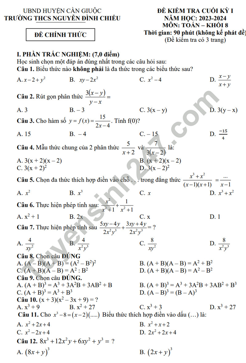 Đề thi kì 1 môn Toán lớp 8 năm 2023 - THCS Nguyễn Đình Chiểu (Có đáp án)