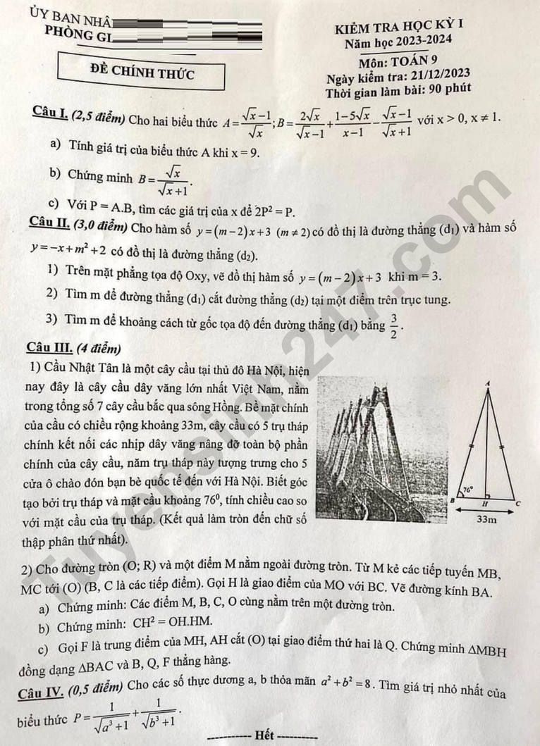 Đề thi cuối kì 1 lớp 9 môn Toán 2023 - Quận Cầu Giấy