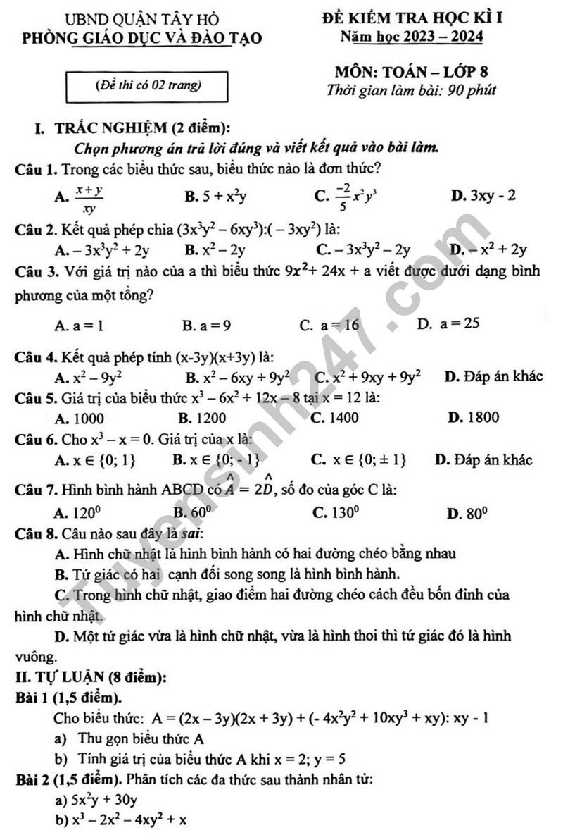 Đề thi cuối kì 1 năm 2023 môn Toán lớp 8 - Phòng GD Tây Hồ 
