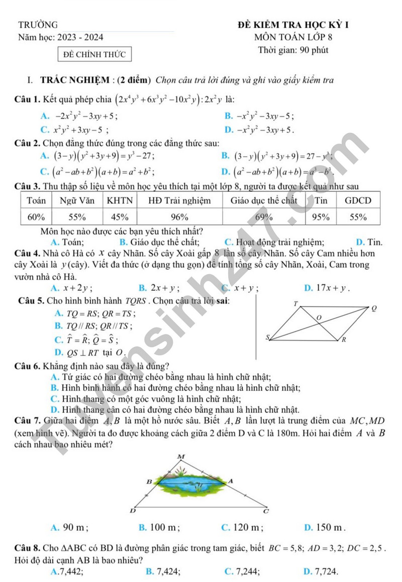 Đề thi học kì 1 lớp 8 môn Toán - THCS Phan Chu Trinh 2023 (Có đáp án)