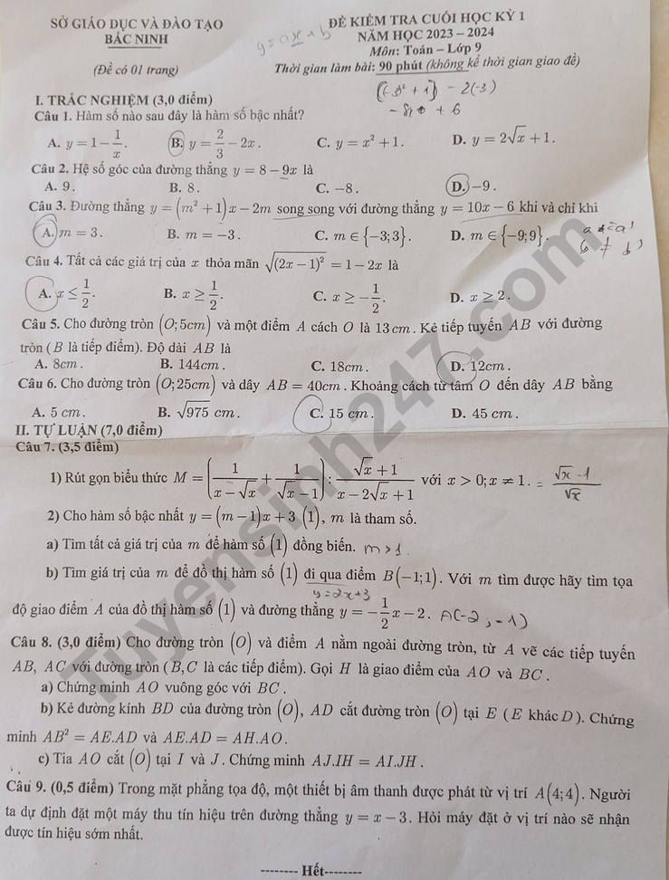 Đề thi kì 1 lớp 9 môn Toán năm 2023 - Sở GD Bắc Ninh (Có đáp án)