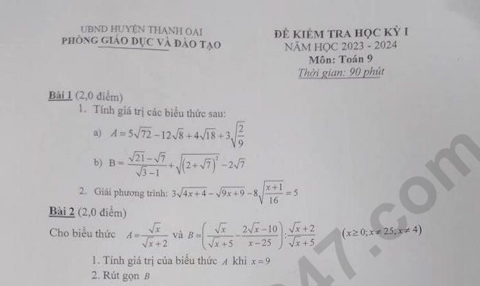 Đề thi kì 1 môn Toán lớp 9 - Huyện Thanh Oai 2023