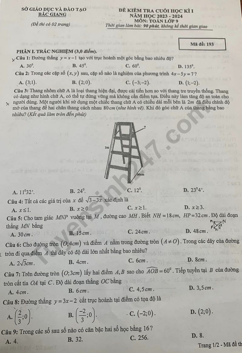 Đề thi cuối kì 1 môn Toán lớp 9 - Sở GD Bắc Giang 2023