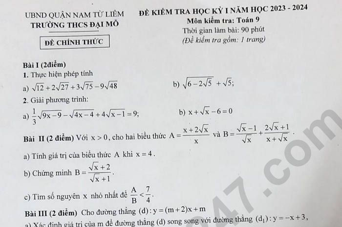 Đề thi kì 1 môn Toán lớp 8 năm 2023 - THCS Đại Mỗ