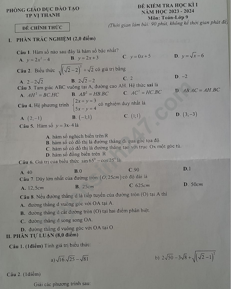 Đề thi cuối kì 1 môn Toán lớp 9 năm 2023 - Phòng GD Vị Thanh 