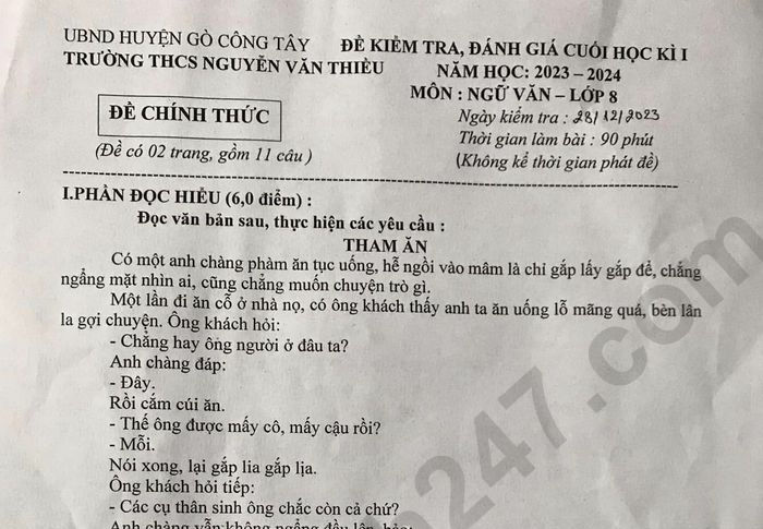 Đề HK 1 môn Văn lớp 8 năm 2023 - THCS Nguyễn Văn Thiều