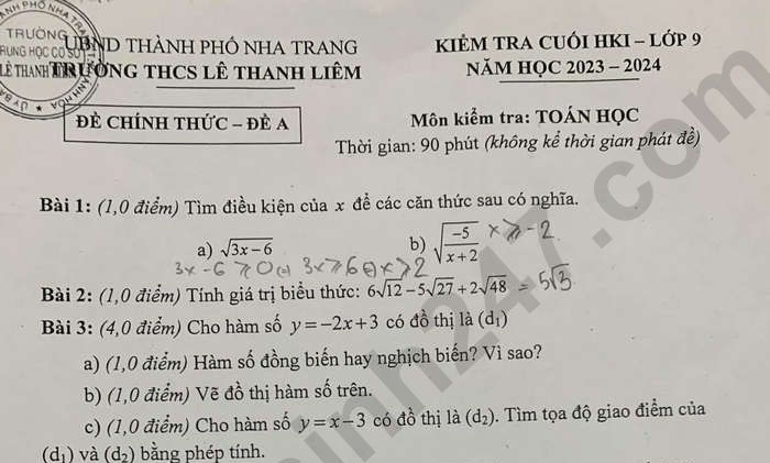 Đề thi HK 1 lớp 9 môn Toán 2023 - THCS Lê Thanh Liêm