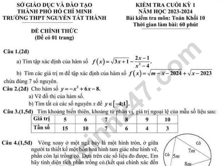 Đề thi kì 1 lớp 10 môn Toán 2023 - THCS Nguyễn Tất Thành