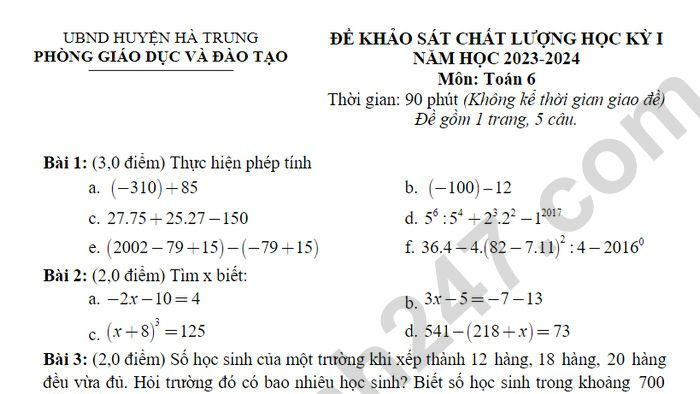 Đề thi kì 1 lớp 6 môn Toán 2023 - Huyện Hà Trung (Có đáp án)