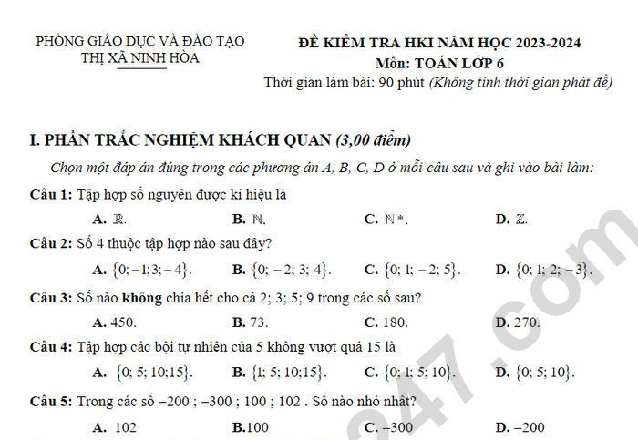 Đề thi HK 1 môn Toán lớp 6 năm 2023 - TX Ninh Hòa (Có đáp án)