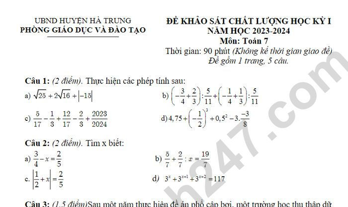 Đề thi kì 1 lớp 7 môn Toán năm 2023 - Huyện Hà Trung (Có đáp án)