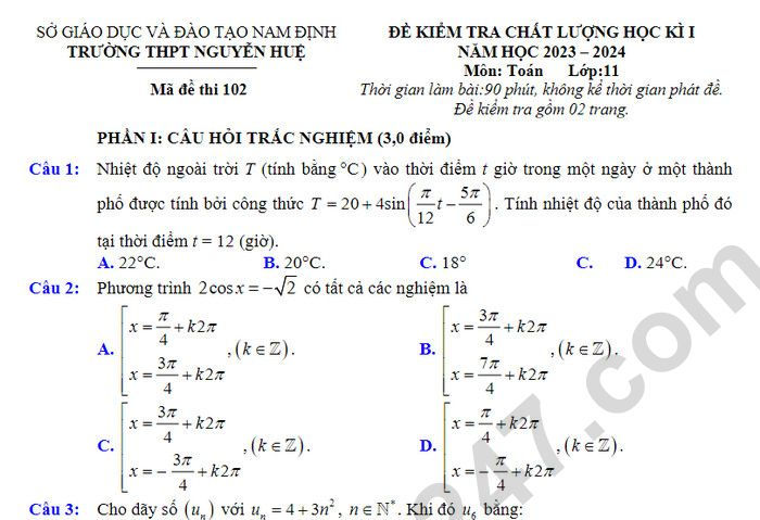 Đề học kì 1 lớp 11 năm 2023 môn Toán - THPT Nguyễn Huệ (Có đáp án)