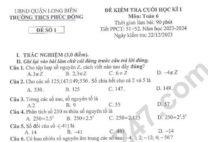 Đề thi cuối kì 1 lớp 6 môn Toán 2023 - THCS Phúc Đồng (Có đáp án)
