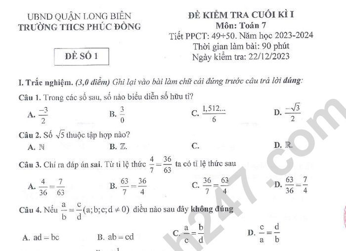 Đề thi cuối kì 1 môn Toán lớp 7 - THCS Phúc Đồng 2023 (Có đáp án)