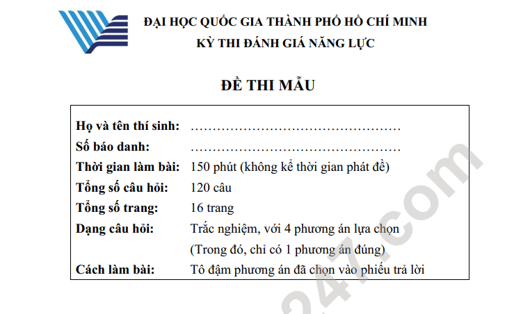 Đề thi minh họa Đánh giá năng lực 2024 ĐHQG TPHCM (Có đáp án)