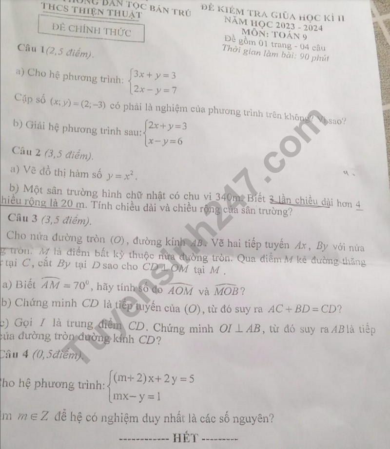  Đề thi giữa kì 2 môn Toán lớp 9 năm 2024 - THCS Thiện Thuật