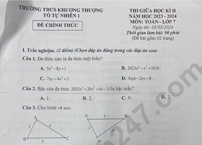 Đề thi giữa kì 2 môn Toán lớp 7 năm 2024 - THCS Khương Thượng