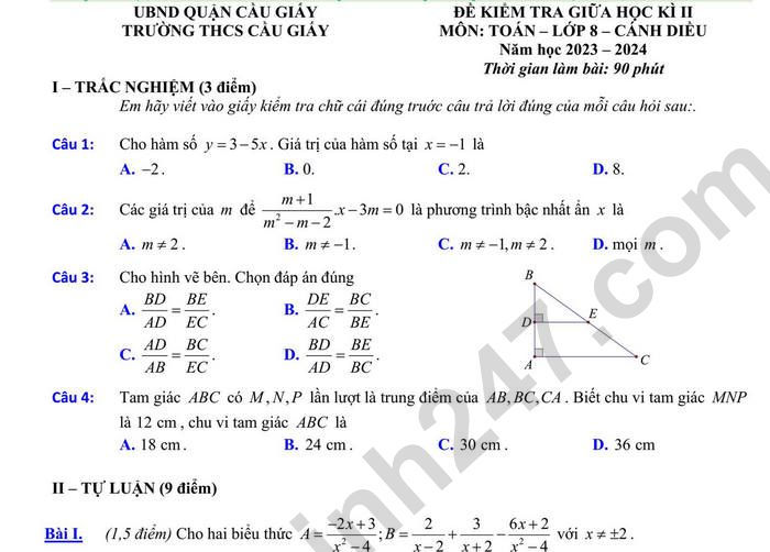 Đề thi giữa kì 2 môn Toán lớp 8 năm 2024 - THCS Cầu Giấy 