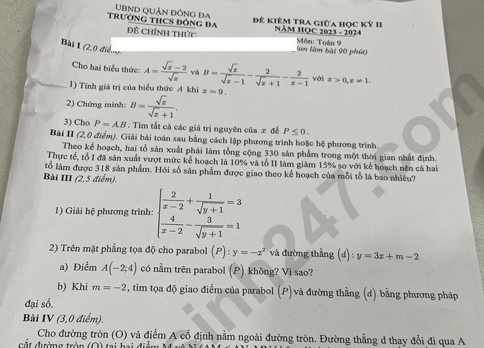  	Đề thi giữa kì 2 môn Toán lớp 9 năm 2024 - THCS Đống Đa