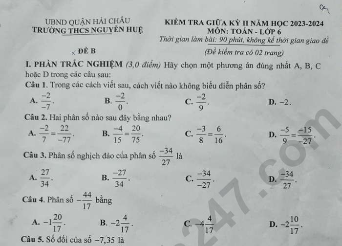 Đề thi giữa kì 2 môn Toán lớp 6 - THCS Nguyễn Huệ 2024