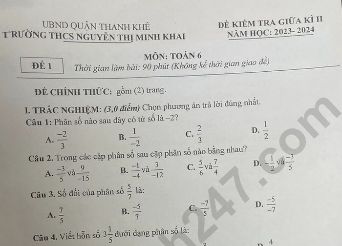 Đề thi giữa kì 2 môn Toán lớp 6 - THCS Nguyễn Thị Minh Khai 2024
