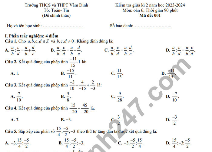 Đề thi giữa kì 2 môn Toán lớp 6 - THCS & THPT Vàm Đình 2024 (Có đáp án)