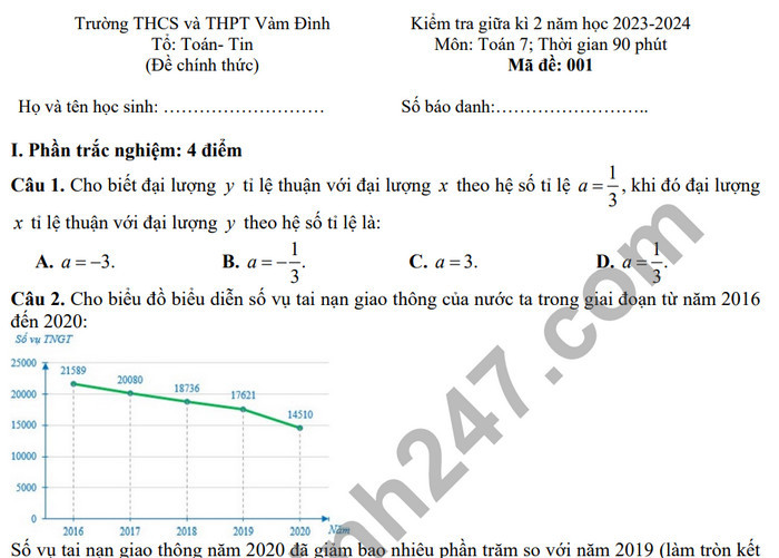 Đề thi giữa kì 2 môn Toán lớp 7 năm 2024 - THCS & THPT Vàm Đình (Có đáp án)