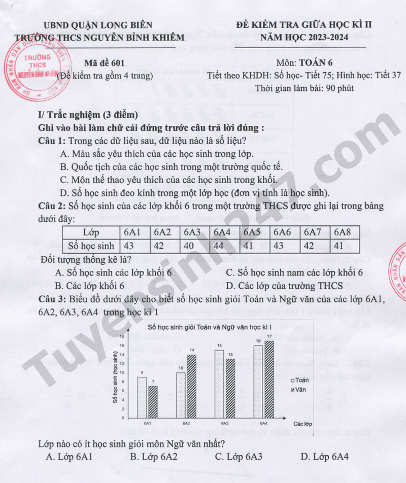 Đề thi giữa kì 2 lớp 6 môn Toán 2024 - THCS Nguyễn Bỉnh Khiêm