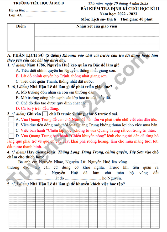 Đề thi học kì 2 lớp 4 môn Sử - Địa - TH Ái Mộ B năm 2023 (Có đáp án)