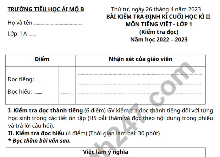Đề thi học kì 2 lớp 1 môn Tiếng Việt - TH Ái Mộ B năm 2023 (Có đáp án)