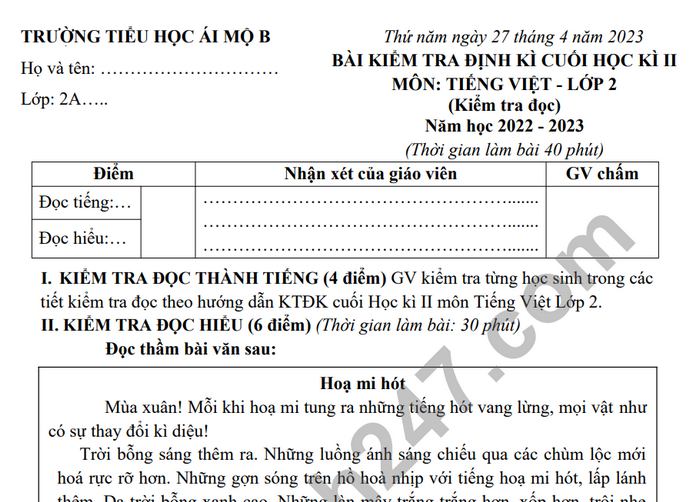 Đề thi học kì 2 lớp 2 môn Tiếng Việt - TH Ái Mộ B năm 2023