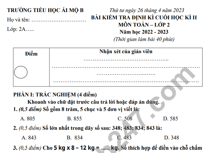 Đề thi học kì 2 lớp 2 môn Toán - TH Ái Mộ B năm 2023 (Có đáp án)