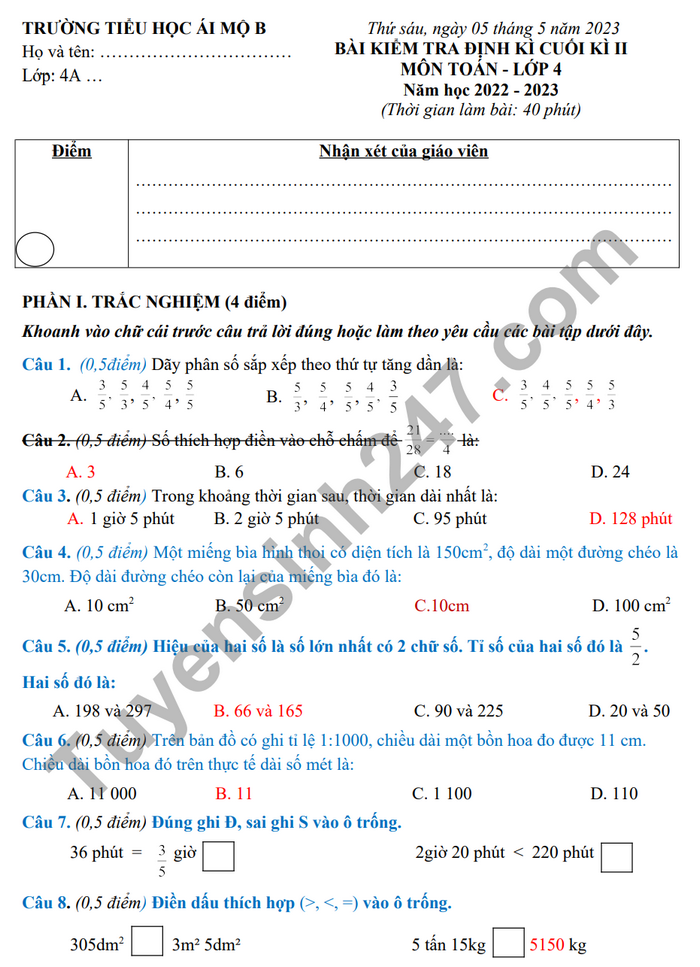 Đề thi học kì 2 lớp 4 môn Toán - TH Ái Mộ B năm 2023 (Có đáp án)