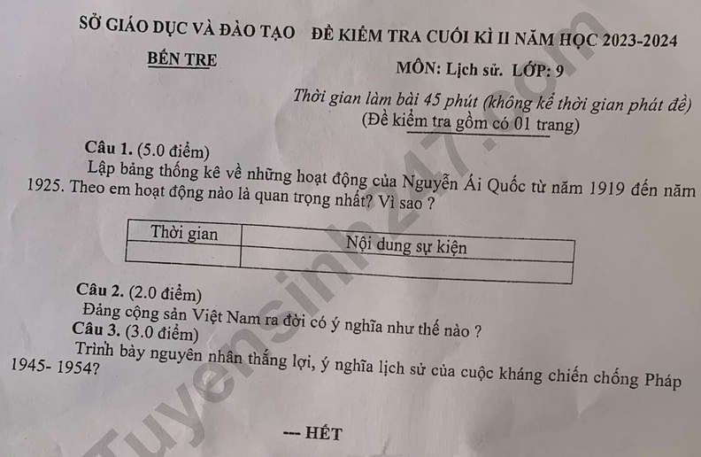 Đề thi kì 2 môn Sử lớp 9 năm 2024 - Sở GD Bến Tre (Có đáp án)