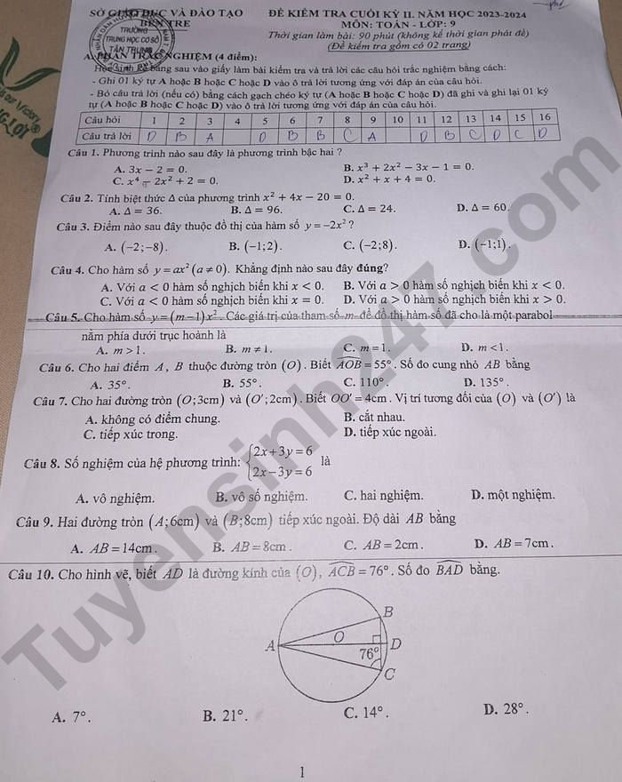 Đề thi kì 2 môn Toán lớp 9 năm 2024 - Tỉnh Bến Tre (Có đáp án)